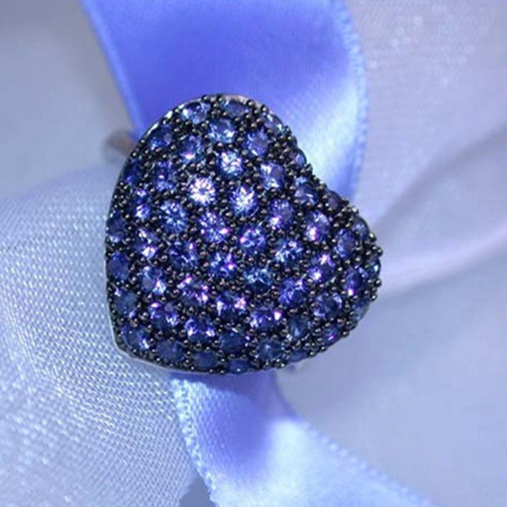 🍁 Sweet Large Heart Royal Blue Crystal CZ Beautiful Silver Rings Women, PD736